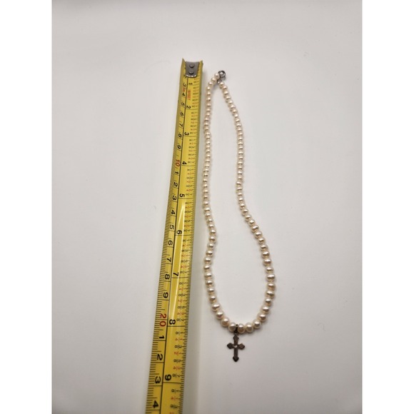Sterling Silver 925 Freshwater Pearl Cross Pendant Necklace 16 Inch Creamy White - Picture 4 of 8